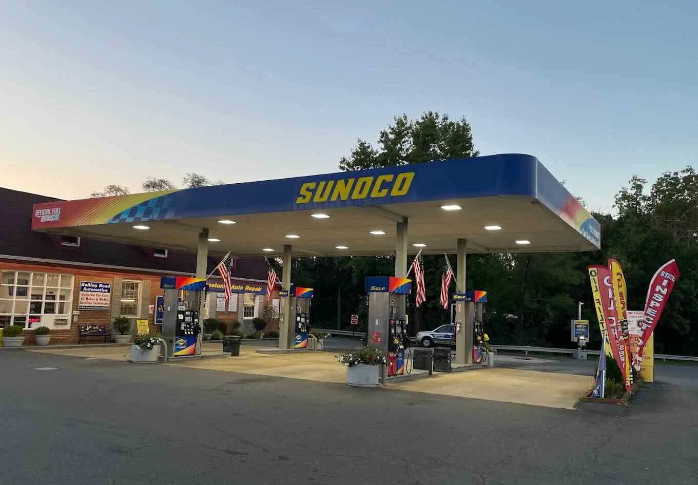 Outside view of the Rolling Road Sunoco Automotive shop in Springfield